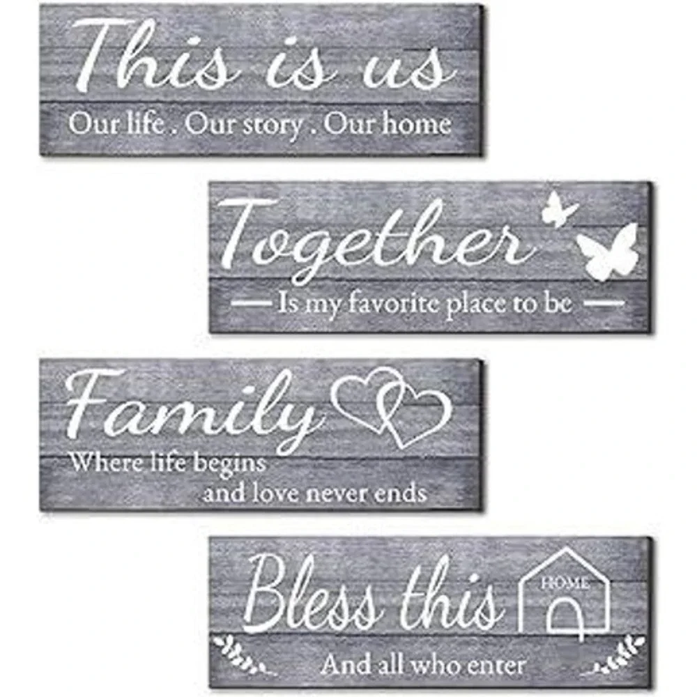 Set of 4 Rustic Farmhouse Wall Signs Family Home‎ Bless This House Grey Wood